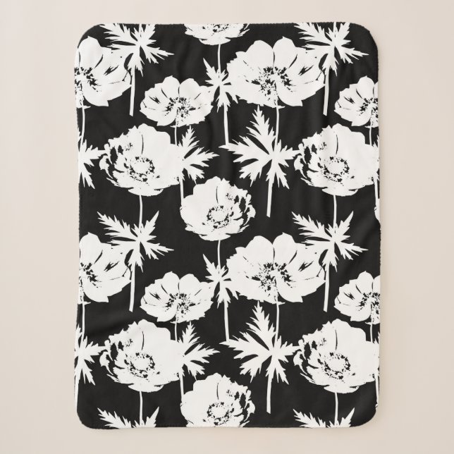 Couverture Sherpa Fleurs blanches sur noir. (Devant)