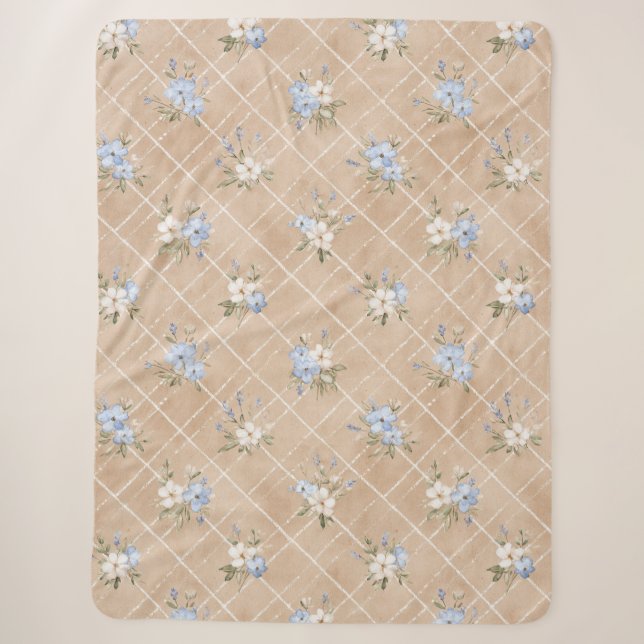 Couverture Sherpa Fleurs Bleues Blanches Beige (Devant)