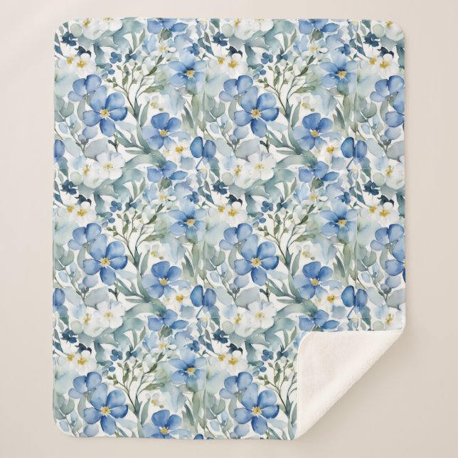Couverture Sherpa Fleurs Bleues Blancs Aquarelle Chic (Devant)