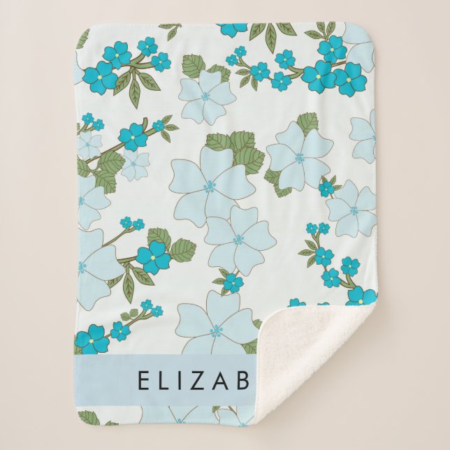 Couverture Sherpa Fleurs Bleues, Motif De Fleurs, Votre Nom (Devant)
