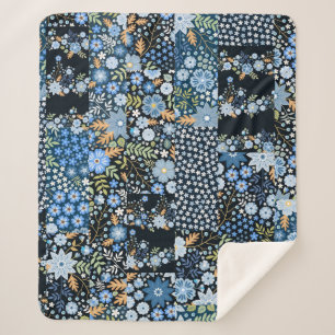 Couverture Sherpa Fleurs Bleues Patchwork : Tissu sans couture.