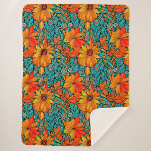Couverture Sherpa Fleurs Boho Bleu et Orange