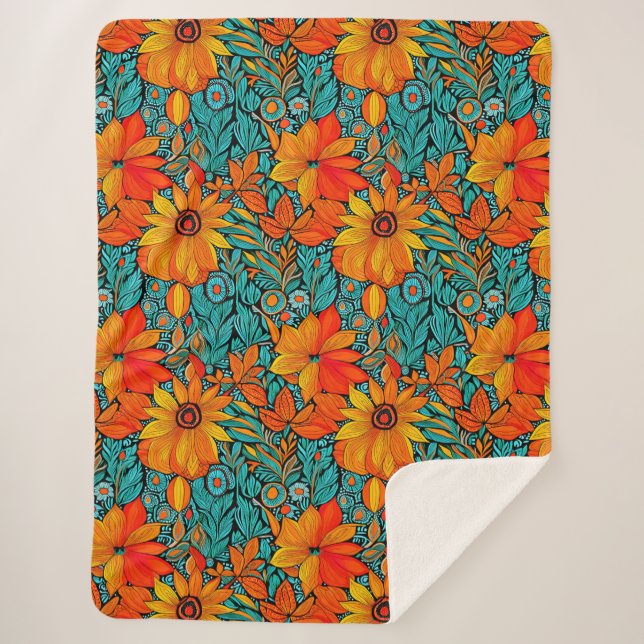 Couverture Sherpa Fleurs Boho Bleu et Orange (Devant)