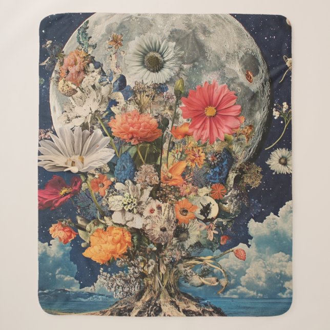 Couverture Sherpa Fleurs colorées sous Pleine lune (Devant)