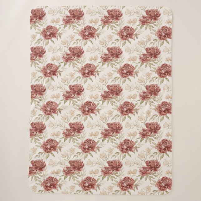 Couverture Sherpa Fleurs Crème Rouge (Devant)
