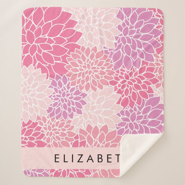 Couverture Sherpa Fleurs Dahlia Roses, Motif De Fleurs, Votre Nom (Devant)