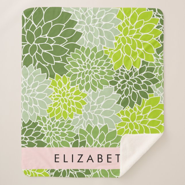 Couverture Sherpa Fleurs Dahlia Vertes, Motif Floral, Votre Nom (Devant)