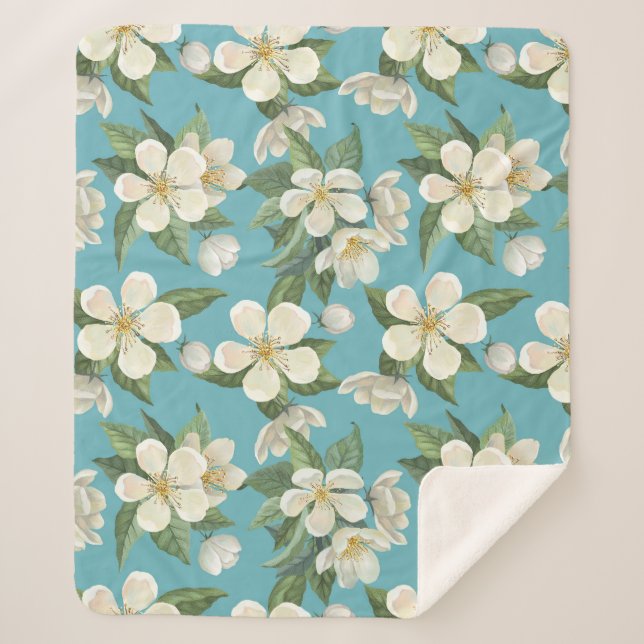 Couverture Sherpa Fleurs d'aquarelle blanche Feuilles verts (Devant)