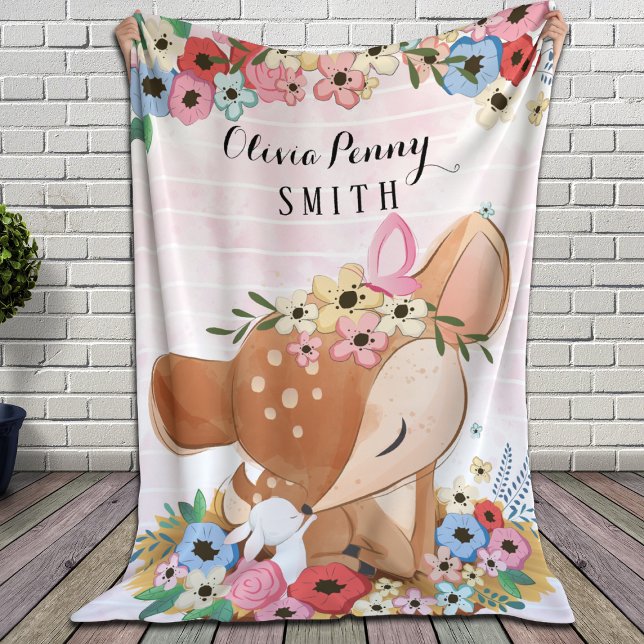 Couverture Sherpa Fleurs d'aquarelle de cerfs visités Pink Stripes + (Créateur téléchargé)