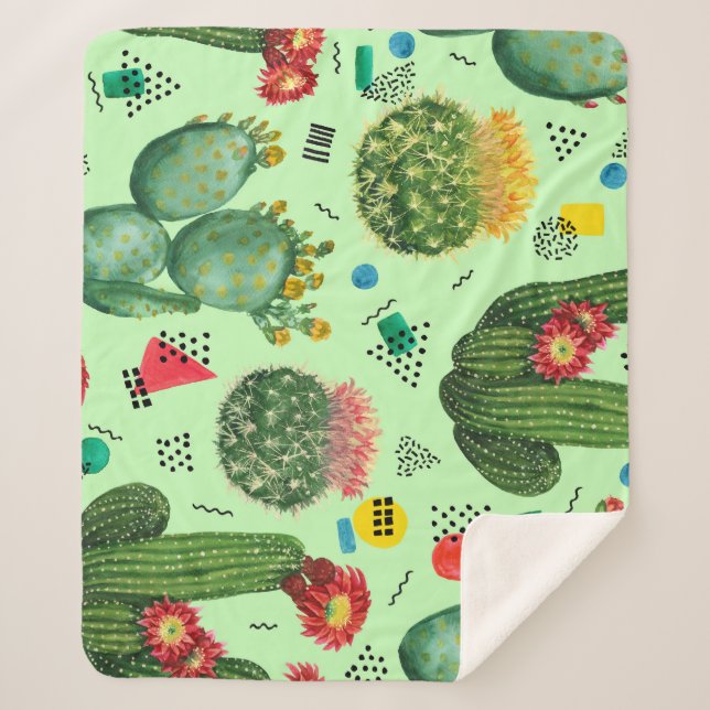 Couverture Sherpa Fleurs de cactus : Aquarelle Arrière - plan géomét (Devant)