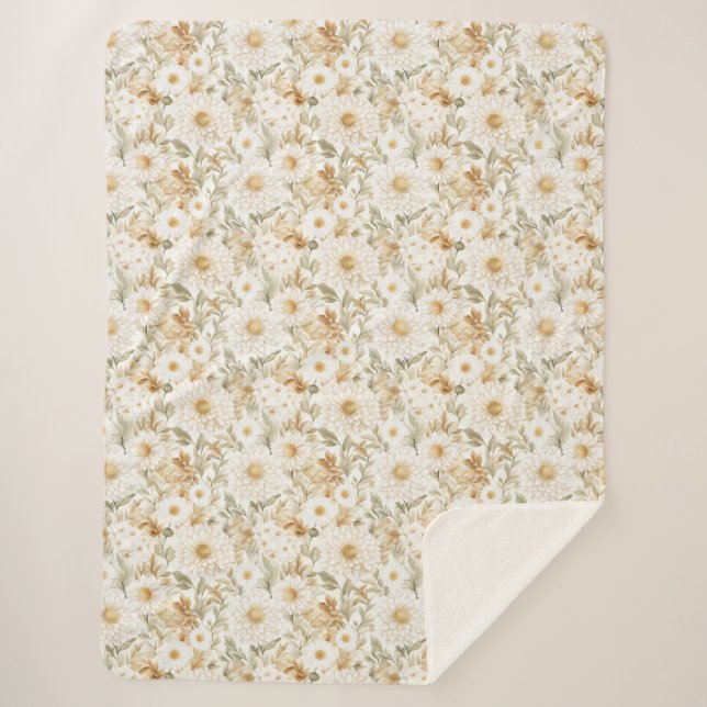 Couverture Sherpa Fleurs de campagne blanc or crème (Devant)