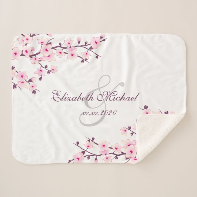 Couverture Sherpa Fleurs de cerise Rose Blanc Nouveaux mariés Enregi (Devant (Horizontal))