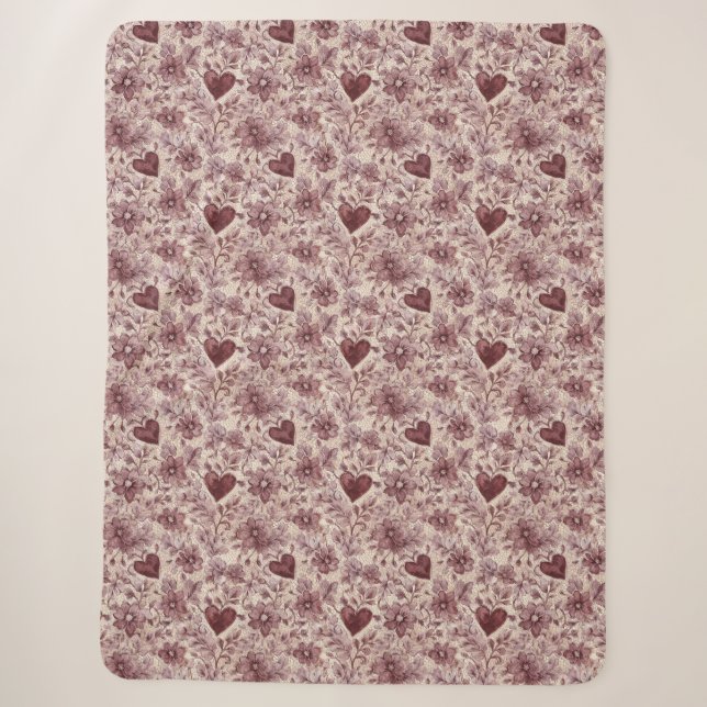 Couverture Sherpa Fleurs de coeurs rouges de Bourgogne crème (Devant)