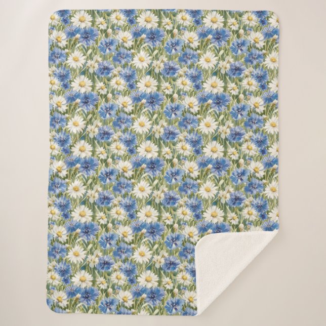 Couverture Sherpa Fleurs de marguerite bleue blanche (Devant)