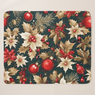 Couverture Sherpa fleurs de Noël dorées, boules et baies rouges