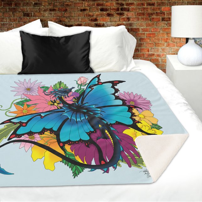 Couverture Sherpa Fleurs de papillon bleu Dragon (Créateur téléchargé)