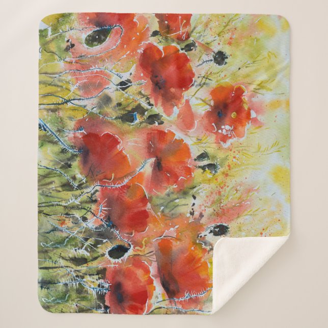 Couverture Sherpa Fleurs de pavot rouge, aquarelle douce. (Devant)