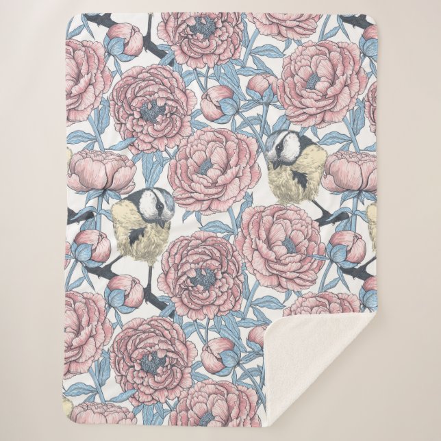 Couverture Sherpa Fleurs de pivoines et oiseaux (Devant)