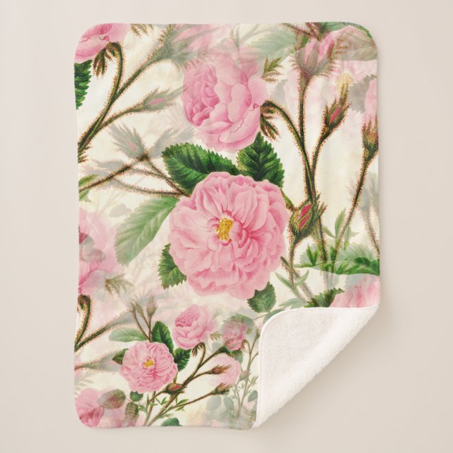 Couverture Sherpa Fleurs de pivoines roses, Feuilles & Buds Motif (Devant)