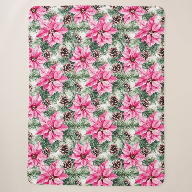 Couverture Sherpa Fleurs de poinsettia glamour argent rose  (Devant)
