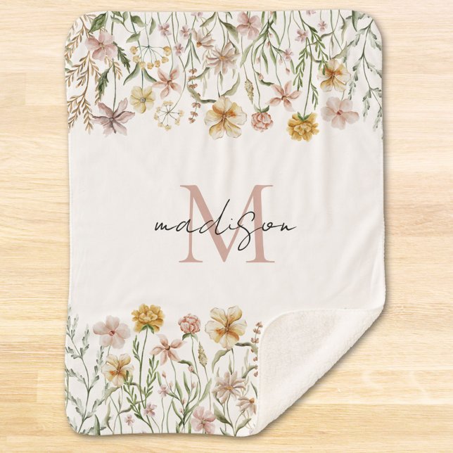 Couverture Sherpa Fleurs de prairie sauvage aquarelle monogrammées (Close up)