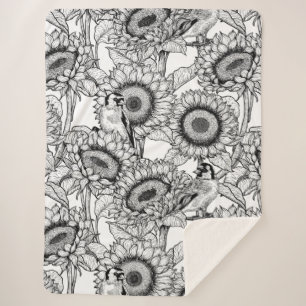 Couverture Sherpa Fleurs de soleil et ailerons en noir et blanc