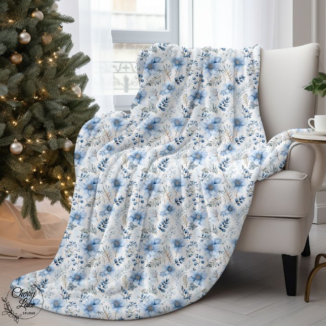 Couverture Sherpa Fleurs d'hiver à l'aquarelle bleue (Créateur téléchargé)