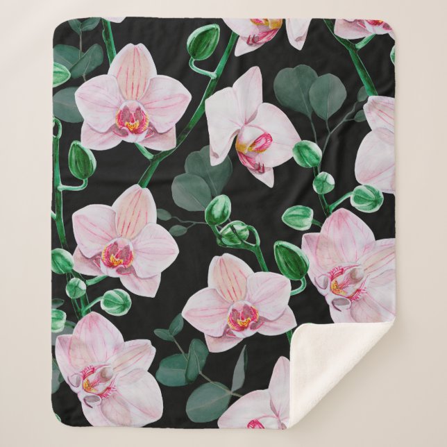 Couverture Sherpa Fleurs d'orchidées d'aquarelle et eucalyptus feuil (Devant)