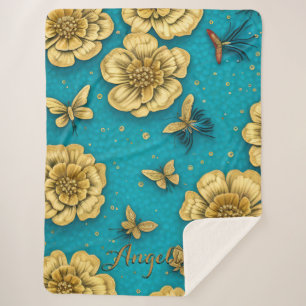 Couverture Sherpa Fleurs dorées Fond sarcelle Nom personnalisé