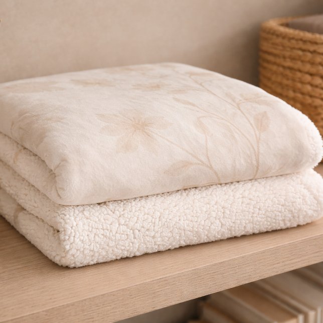 Couverture Sherpa Fleurs en Beige Clair (Soft beige florals drift across watercolor layers for relaxed neutral living)