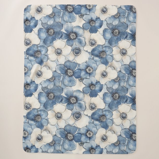 Couverture Sherpa Fleurs en Denim Bleu Blanc Anniversaire (Devant)
