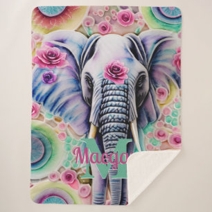 Couverture Sherpa Fleurs et éléphant Nom personnalisé Aquarelle