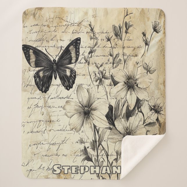Couverture Sherpa Fleurs et papillons rustiques - Papier vieilli (1) (Devant)