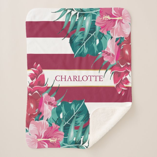 Couverture Sherpa Fleurs exotiques Monogramme rayé Bourgogne (Devant)
