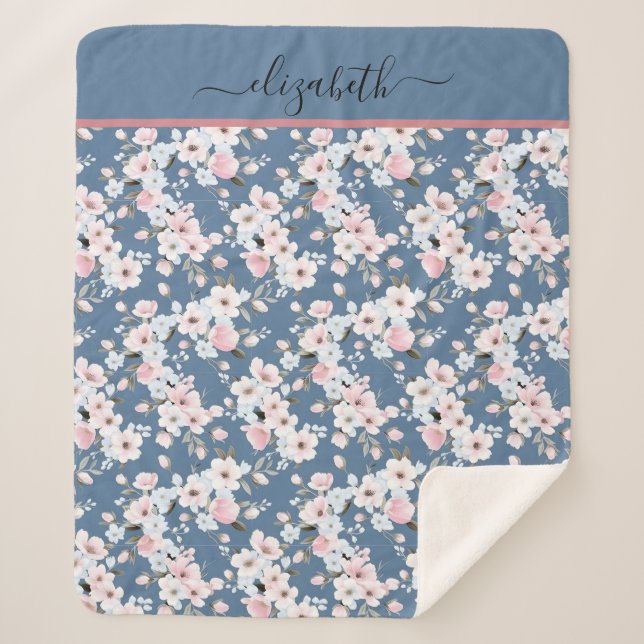 Couverture Sherpa Fleurs Florales Rose Blanc Bleu Foncé Monogramme  (Devant)