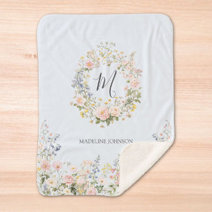 Couverture Sherpa Fleurs Florales Rose Bleu Aquarelle Monogramme 