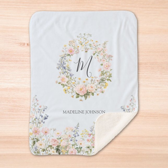 Couverture Sherpa Fleurs Florales Rose Bleu Aquarelle Monogramme  (In situ)