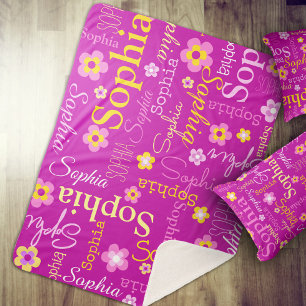 Couverture Sherpa Fleurs graphiques rose violet nom du texte personn