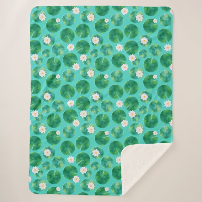 Couverture Sherpa Fleurs Lys d'Eau Blanche & Motif Lily Pad (Devant)