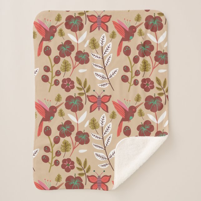 Couverture Sherpa Fleurs motifs florales sans soudure, oiseaux, papi (Devant)