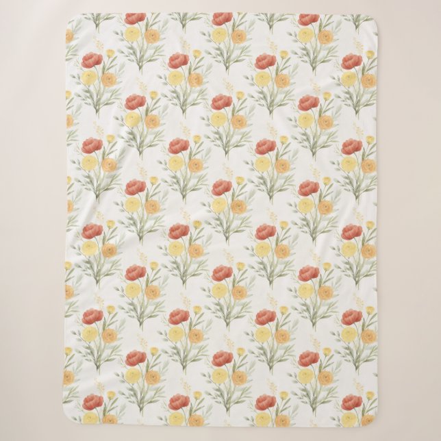 Couverture Sherpa Fleurs Orange Jaune Rouge (Devant)