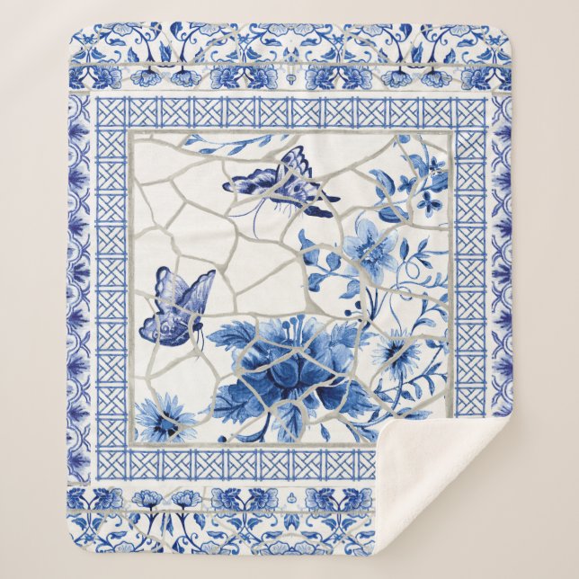 Couverture Sherpa Fleurs Papillon Bleu et Chinoiserie blanche Chic (Devant)