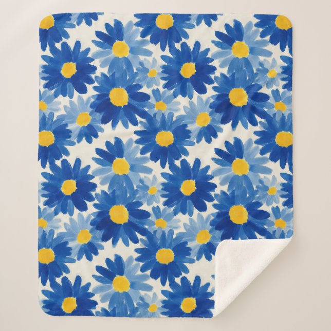 Couverture Sherpa Fleurs peintes bleu et jaune (Devant)