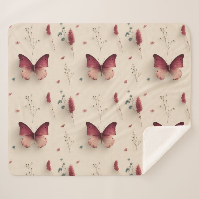 Couverture Sherpa Fleurs printanières vintage & papillon rose tendre (Devant (Horizontal))