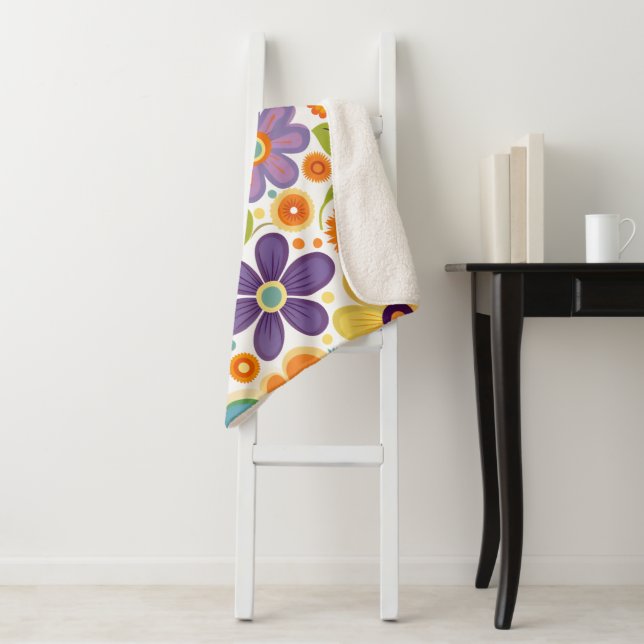 Couverture Sherpa Fleurs Rétro Orange Lilac Green (En situation)