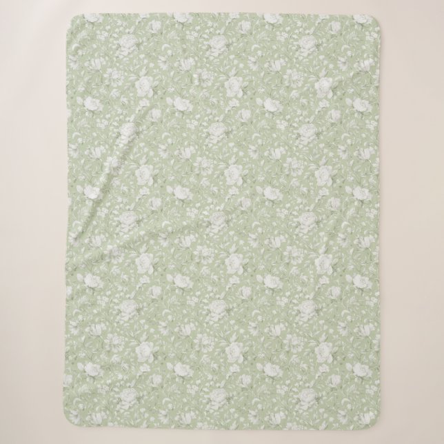 Couverture Sherpa Fleurs romantiques vert blanc   (Devant)