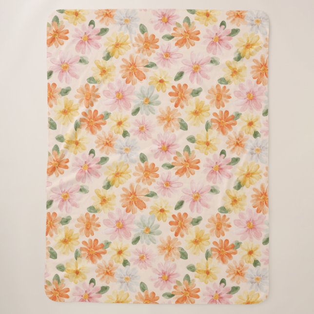 Couverture Sherpa Fleurs Rose Jaune Bleu Pêche  (Devant)