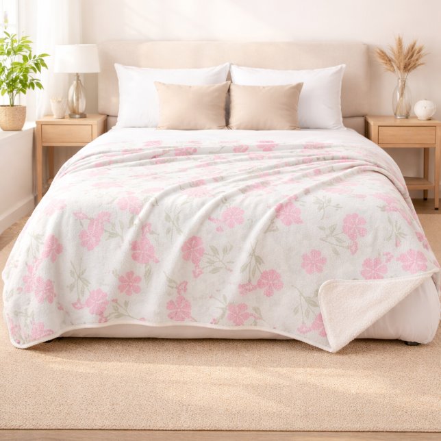 Couverture Sherpa Fleurs Rose Tendre (Front View (Bed))