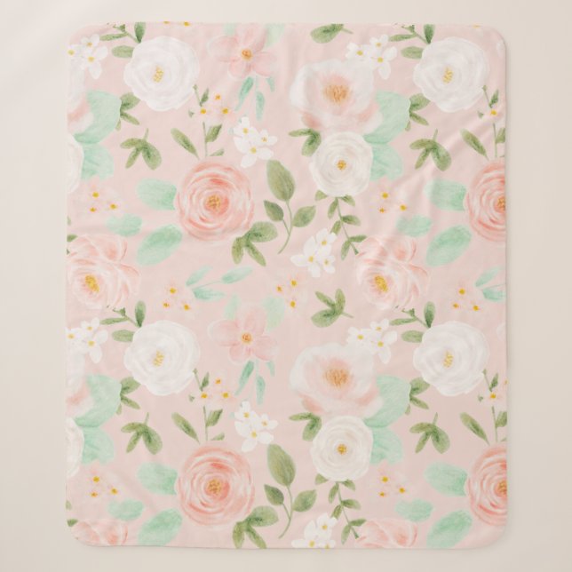 Couverture Sherpa Fleurs Roses d'aquarelle en rose et en rose (Devant)