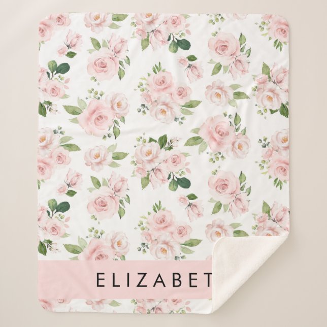 Couverture Sherpa Fleurs roses, Roses, Fleurs Aquarelles, Votre Nom (Devant)